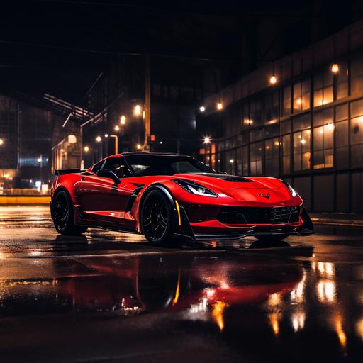 what looks to be a high quality photoshoot with a new chevrolet corvette z06 really cool backdrop at night with no people in it