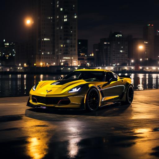 what looks to be a high quality photoshoot with a new chevrolet corvette z06 really cool backdrop at night with no people in it