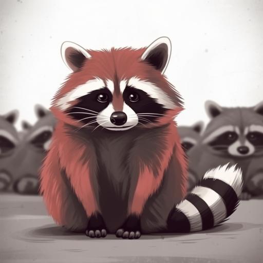 where the red racoon is standing with other black and white racoons but feeling lonesome and tired  --v 5