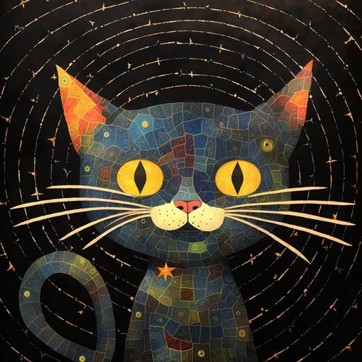 where's my Goobie constellation map night explorer cool french black kitty cat, in the style of john bauer, Gustav Klimt   --v 4