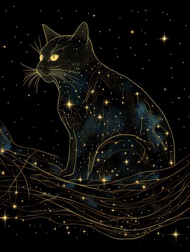 where's my Goobie constellation map night explorer cool french black kitty cat, john bauer, gold leaf, by Gustav Klimt --ar 3:4 --v 5.2 --s 65