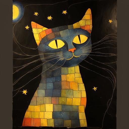 where's my Goobie constellation map night explorer cool french black kitty cat, in the style of john bauer, Gustav Klimt  --v 4
