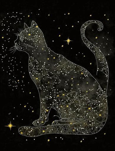 where's my Goobie constellation map night explorer cool french black kitty cat, in the style of john bauer, Gustav Klimt --ar 3:4 --v 4