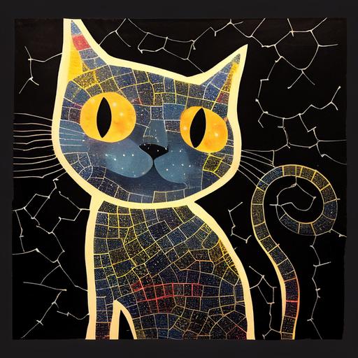 where's my Goobie constellation map night explorer cool french black kitty cat, in the style of john bauer, Gustav Klimt   --v 4