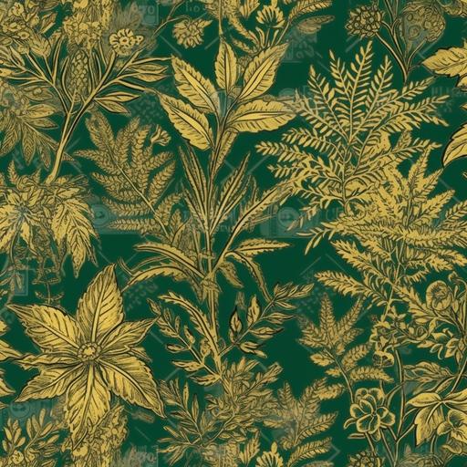 whimsical, cannabis, plants, flowers, vivid greens, gold colours, Cottagecore, repeating pattern, wallpaper, illustrated, high definition --v 5.0 --s 750