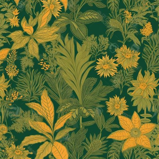 whimsical, cannabis, plants, flowers, vivid greens, gold colours, Cottagecore, repeating pattern, wallpaper, illustrated, high definition --v 5.0 --s 750