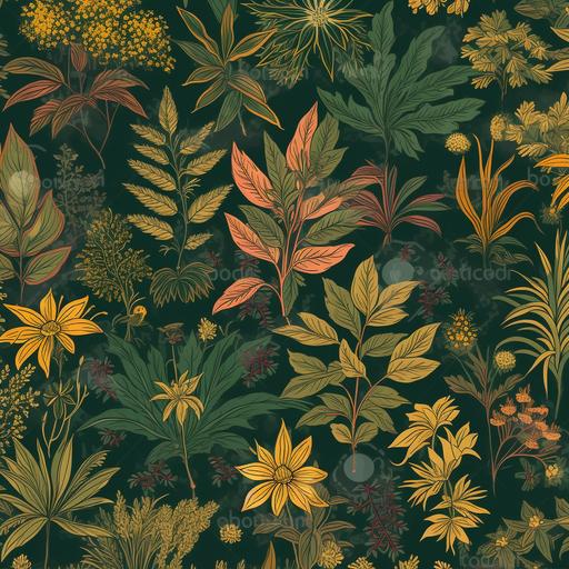 whimsical, cannabis, plants, flowers, vivid greens, gold colours, Cottagecore, repeating pattern, wallpaper, illustrated, high definition --v 5.0 --s 750