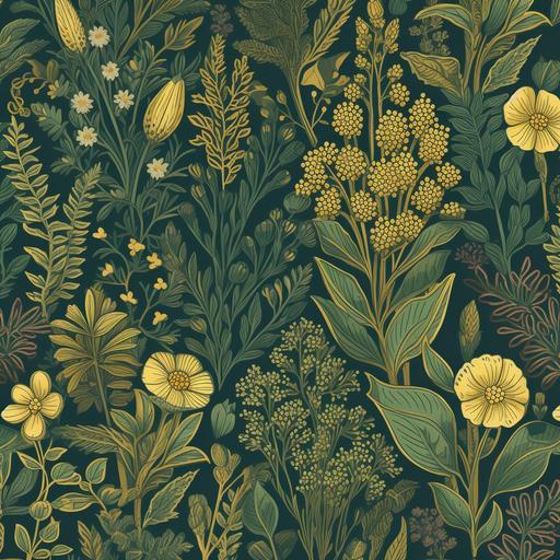 whimsical, cannabis, plants, flowers, vivid greens, gold colours, Cottagecore, repeating pattern, wallpaper, illustrated, high definition --v 5.0 --s 750