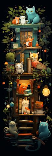 whimsical cats reading books illustrative --ar 1:3