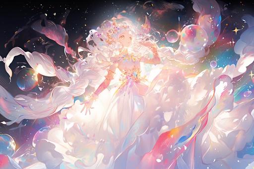 whimsical, fantasy, outer space, starry backdrop, vibrant red supernova illuminating the cosmos, swirling nebulae, distant stars, opal planet, smooth, metallic surface, shimmering, iridescent colors, gleaming:: Glinda:: --ar 3:2 --niji 5