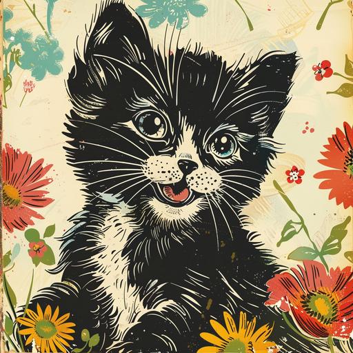 whimsical happy retro vintage kitten illustration screen print