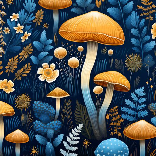 whimsical, mushrooms, plants, flowers, cerulean blues, gold colors, Cottagecore, repeating pattern, wallpaper, illustrated, high definition