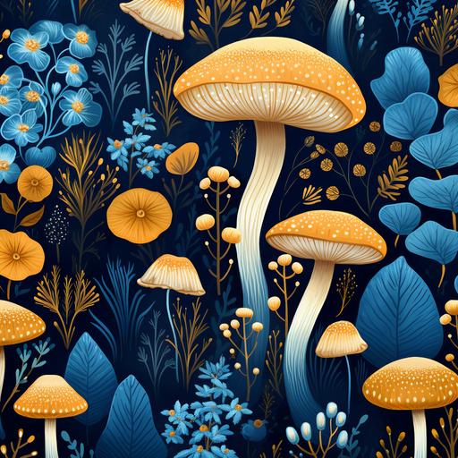 whimsical, mushrooms, plants, flowers, cerulean blues, gold colors, Cottagecore, repeating pattern, wallpaper, illustrated, high definition
