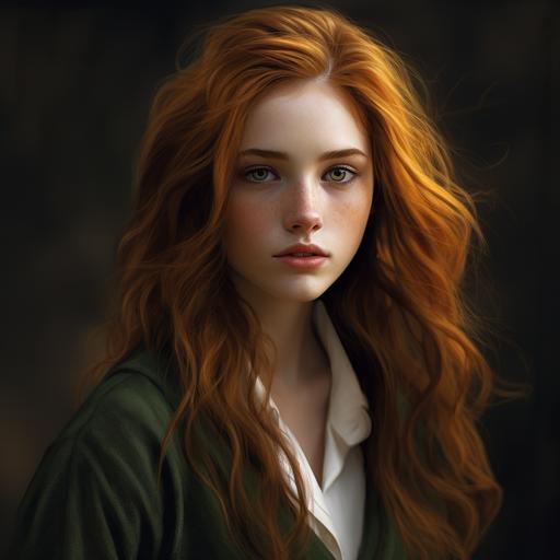 white 16 year old woman, upturned almond eyes, honey colored eyes, oval face, flat cheekbones, short chin, full bow-shaped lips, shug upturned nose, freckles, straight long ginger hair, slytherin clothes