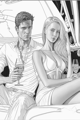 white Young couple in swimwear sitting with champagne glasses on yacht, the correct anatomy of the human body, the correct anatomy of the arms and legs, full size, american landscape, Coloring page for adults::10, Hand draw, pencil sketch, Black and white, Line art, Printable outlined art, Thin lines, Intricate details, Crisp lines, extreme details, intricate details, extremely detailed, hyperrealism, no black fill, ultra realistic, ultra HD, 8k --ar 2:3 --stylize 1000 --quality 5 --s 750 --q 2 --uplight --s 750 --q 2 --uplight