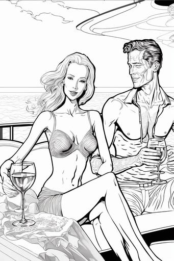 white Young couple in swimwear sitting with champagne glasses on yacht, the correct anatomy of the human body, the correct anatomy of the arms and legs, full size, american landscape, Coloring page for adults::10, Hand draw, pencil sketch, Black and white, Line art, Printable outlined art, Thin lines, Intricate details, Crisp lines, extreme details, intricate details, extremely detailed, hyperrealism, no black fill, ultra realistic, ultra HD, 8k --ar 2:3 --stylize 1000 --quality 5 --s 750 --q 2 --uplight --s 750 --q 2 --uplight