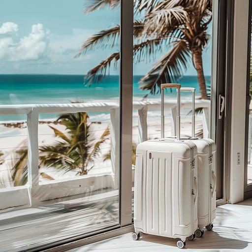 white aesthetic suitcases sitting next to a beach balcony window with beach in background