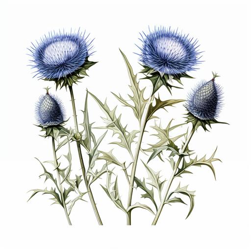 white and indigo blue single Creepin Thistle plant, botanical drawing, in the style of Richard Wilkinson
