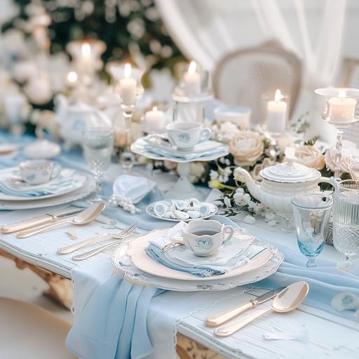 white and pale blue tea-party table set up