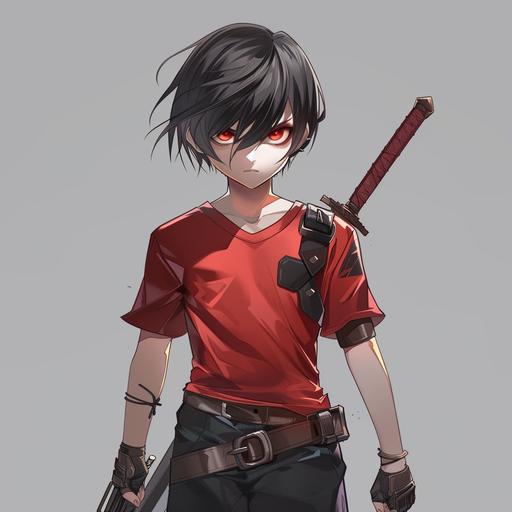 white anime boy character with short black hair, red eyes, red t-shirt, brown elbow pads, utility belt, sword, brown boots, black pant, adventurer, angry face, confident
