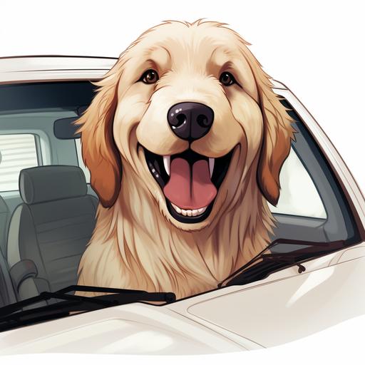 white background, cartoon style, goldendoodle enjoying a car ride. --ar 1:1 --v 5.2 --c 100 --s 1000 --no reflections, shadows, background