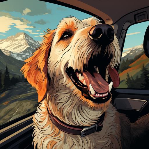 white background, cartoon style, goldendoodle enjoying a car ride. --ar 1:1 --v 5.2 --c 100 --s 1000 --no reflections, shadows, background