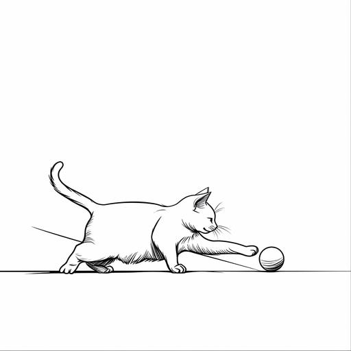 white background, continuous bold line illustrations of a cat playing with a ball, a cat looking down, a cat stretching up, simple illustration, minimalist, clean line drawing graphics, vector::1.1 --v 6.0 --s 200
