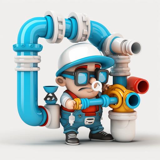 white background, image realist 3D color pop flash pipes, water, plumber, cartoon, using only blue and white color