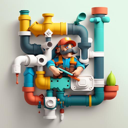 white background, image realist 3D color pop flash pipes, water, plumber, cartoon