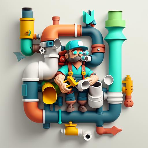 white background, image realist 3D color pop flash pipes, water, plumber, cartoon