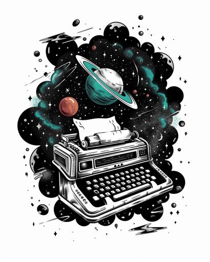 white background, monochrome, minimalist tattoo, typewriter with inserted paper. Symbol of imagination, science fiction, fantasy, adventure. paper prints Universe, surreal t-shirt design and tattoo art::1.1 Paper printed with simple space and stars, hand-drawn vector illustration, author concept::0.7 --v 6.0 --ar 4:5