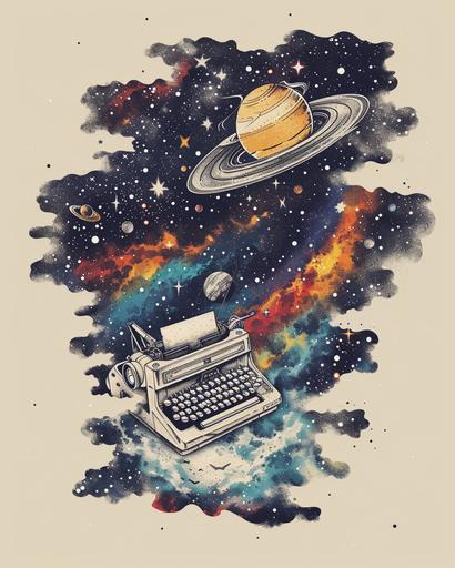 white background, monochrome, minimalist typewriter and inserted paper tattoo. Symbol of imagination, science fiction, fantasy, adventure. paper prints Universe, surreal t-shirt design and tattoo art::1.1 Paper printed with space and stars. Hand-drawn vector illustration::0.8 --v 6.0 --ar 4:5
