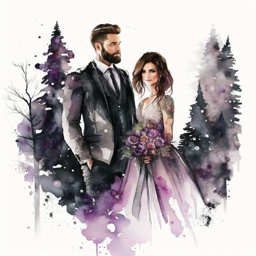 white background, watercolor, illustration bride and groom in wooded mountains pine trees with light snow. Beautiful bride with elaborate white beaded gowns, long sleeves, bouquet of pink and purple roses. Handsome groom with clean beard, groom wearing dark gray suite with purple tie.