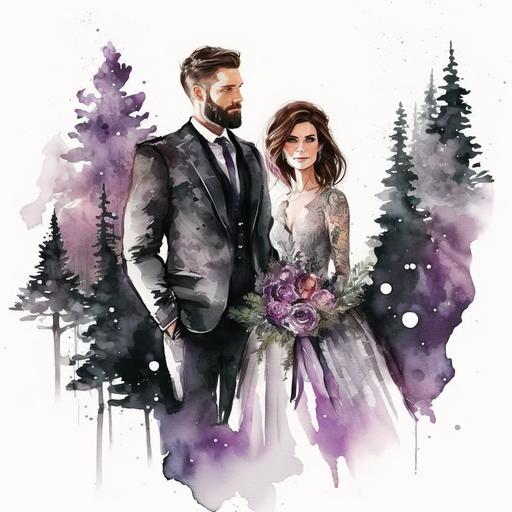 white background, watercolor, illustration bride and groom in wooded mountains pine trees with light snow. Beautiful bride with elaborate white beaded gowns, long sleeves, bouquet of pink and purple roses. Handsome groom with clean beard, groom wearing dark gray suite with purple tie.