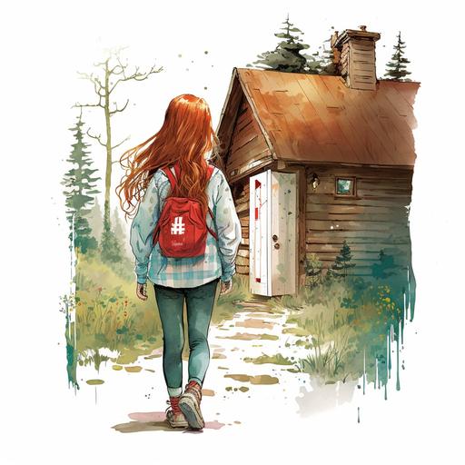 white background watercolor illustration using bright colors. middle school age girl with long red wavy hair wearing a white and red striped shirt, beige paints, beige shoes and and a blue backpack. She's knocking on the font door of an old log cabin which is surrounded by creepy wood.