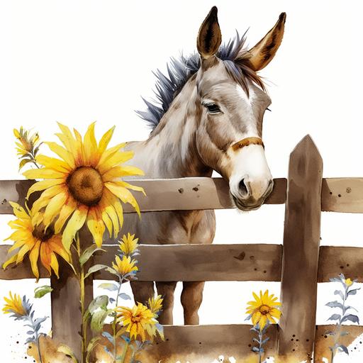 white background, watercolor, wood fence, donkey, sunflowers, 8k, vibrant --ar 1:1