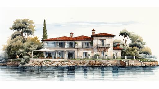 white backgrounded architectural drawing of a Tuscany italian villa style holiday lakehouse with a pier, with white background, front view, natural terracotta stone walls and structure, orange clay roof tiles, mahagony wood, huge windows, clean lined shilouttes, hyper realistic, detailed, beautiful, lush mediterranean vegetation with columnar cypress, black pine, rocks , nature, rule of thirds, realistic, maximalist, spectacular details, 8K, concept art, cinematic, atmospheric, epic composition, warm sunset light, vibrant colors, high contrast --ar 16:9 --v 5.2