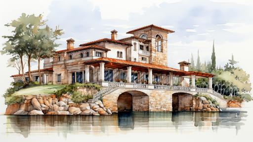white backgrounded architectural drawing of a Tuscany italian villa style holiday lakehouse with a pier, with white background, 3-point perspective corner view, natural terracotta stone walls and structure, orange clay roof tiles, mahagony wood, huge windows, clean lined shilouttes, hyper realistic, detailed, beautiful, lush mediterranean vegetation with columnar cypress, black pine, rocks , nature, rule of thirds, realistic, maximalist, spectacular details, 8K, concept art, cinematic, atmospheric, epic composition, warm sunset light, vibrant colors, high contrast --ar 16:9 --v 5.2