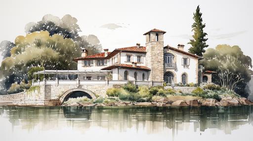 white backgrounded architectural drawing of a Tuscany italian villa style holiday lakehouse with a pier, with white background, front view, natural terracotta stone walls and structure, orange clay roof tiles, mahagony wood, huge windows, clean lined shilouttes, hyper realistic, detailed, beautiful, lush mediterranean vegetation with columnar cypress, black pine, rocks , nature, rule of thirds, realistic, maximalist, spectacular details, 8K, concept art, cinematic, atmospheric, epic composition, warm sunset light, vibrant colors, high contrast --ar 16:9 --v 5.2