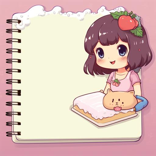 white backround, Cute kawaii notepad, pink, with kawaii cute girl and food sticker, hd