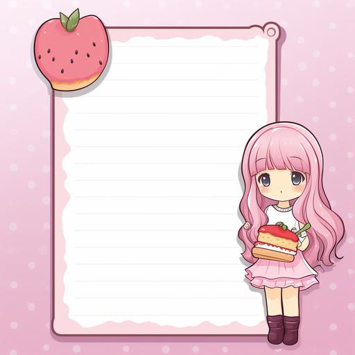 white backround, Cute kawaii notepad, pink, with kawaii cute girl and food sticker, hd