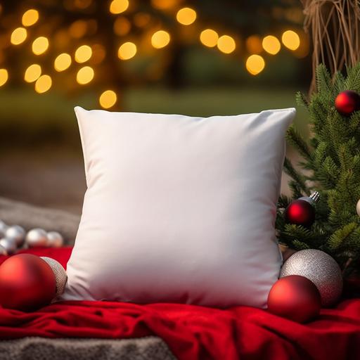 white blank square pillow Christmas mockup, fir, branch, Red ball decoration ,camp fire, bokeh in the background, front view, mockup, no text, Christmas style, super realistic, 80mm lens, deep-focus background --s 250 --v 5.1