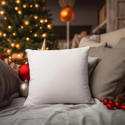 white blank square pillow Christmas mockup, fir, branch, Red ball decoration ,camp fire, bokeh in the background, front view, mockup, no text, Christmas style, super realistic, 80mm lens, deep-focus background --s 250 --v 5.1