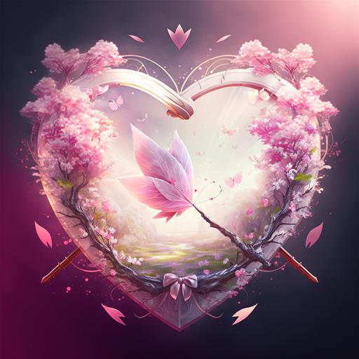 white bow with a pink aura, pink heart-shaped arrow, cherry blossoms flying in the background,