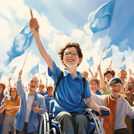 white boy with walker holding a blue flag, at the back crowd of people happy, cheering, clapping hands, holding blue flags, backgound blue sky, sunny day