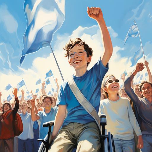 white boy with walker holding a blue flag, at the back crowd of people happy, cheering, clapping hands, holding blue flags, backgound blue sky, sunny day