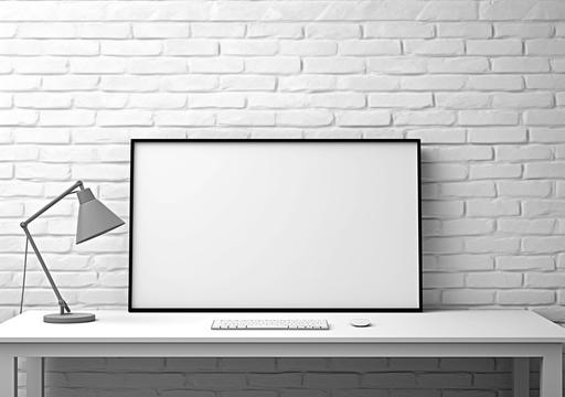 white brick wall computer desk mockup in office setting isolated on white, in the style of 32k uhd, artifacts of online culture, studyblr, distinct framing, 4k, screen format, black-and-white graphic --ar 78:55