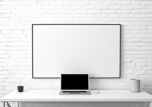white brick wall computer desk mockup in office setting isolated on white, in the style of 32k uhd, artifacts of online culture, studyblr, distinct framing, 4k, screen format, black-and-white graphic --ar 78:55