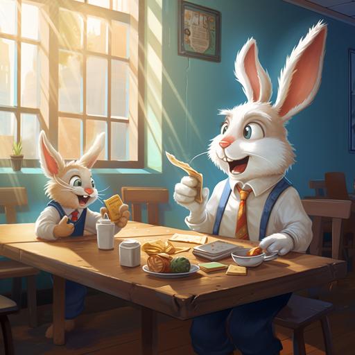 white cartoon rabbit eating lunch in school with his teacher