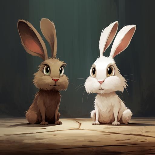 white cartoon rabbit looking to brown rabbit face to face